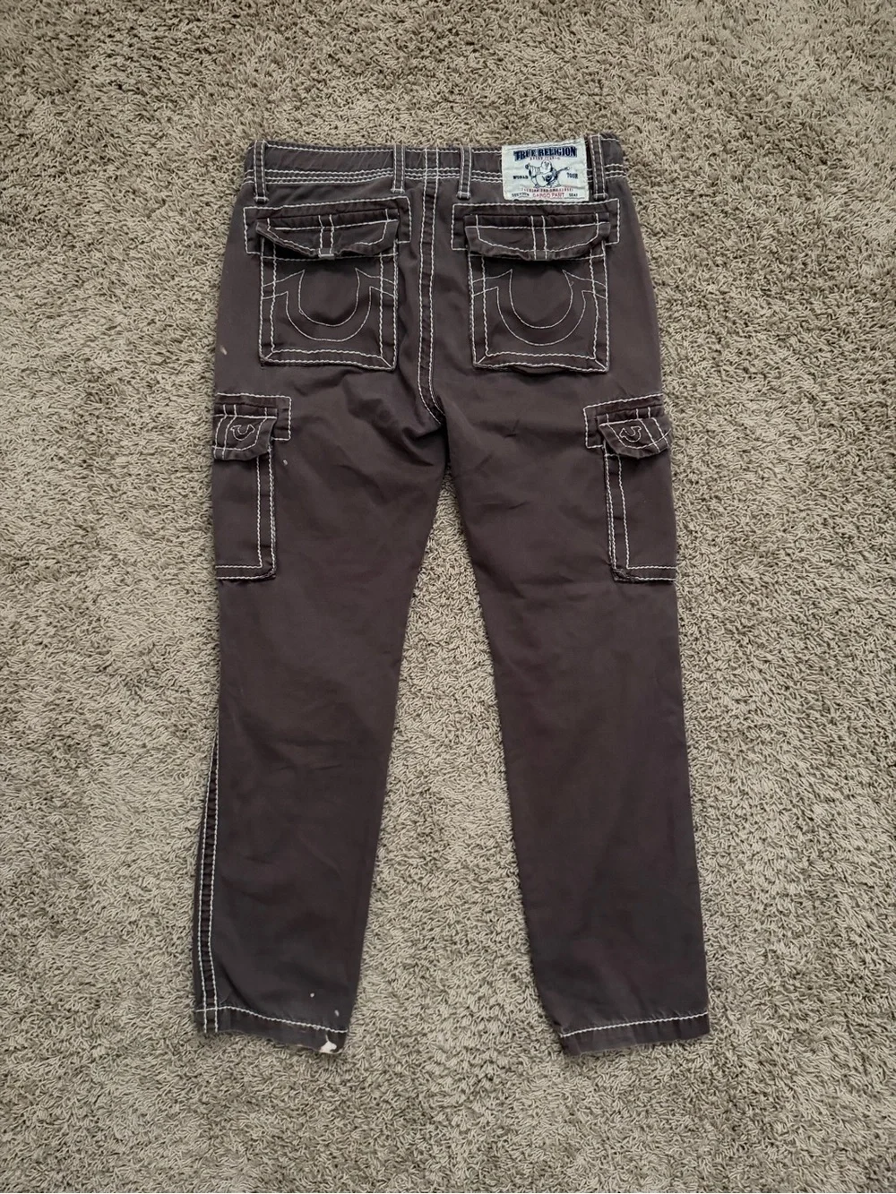 True Religion Men’s Cargo Salvage Grunge Pants Brown Contrast Stitching Sz 34x30